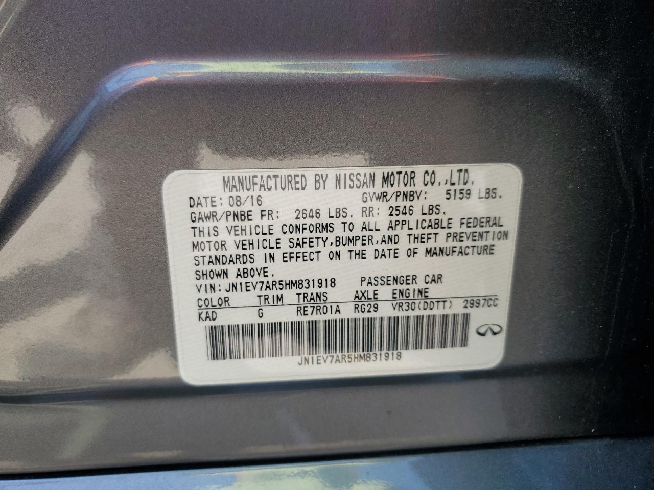 2017 Infiniti Q50 Premium VIN: JN1EV7AR5HM831918 Lot: 66340995