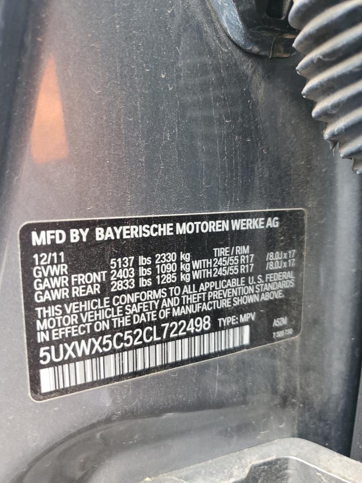 2012 BMW X3 xDrive28I VIN: 5UXWX5C52CL722498 Lot: 63349925