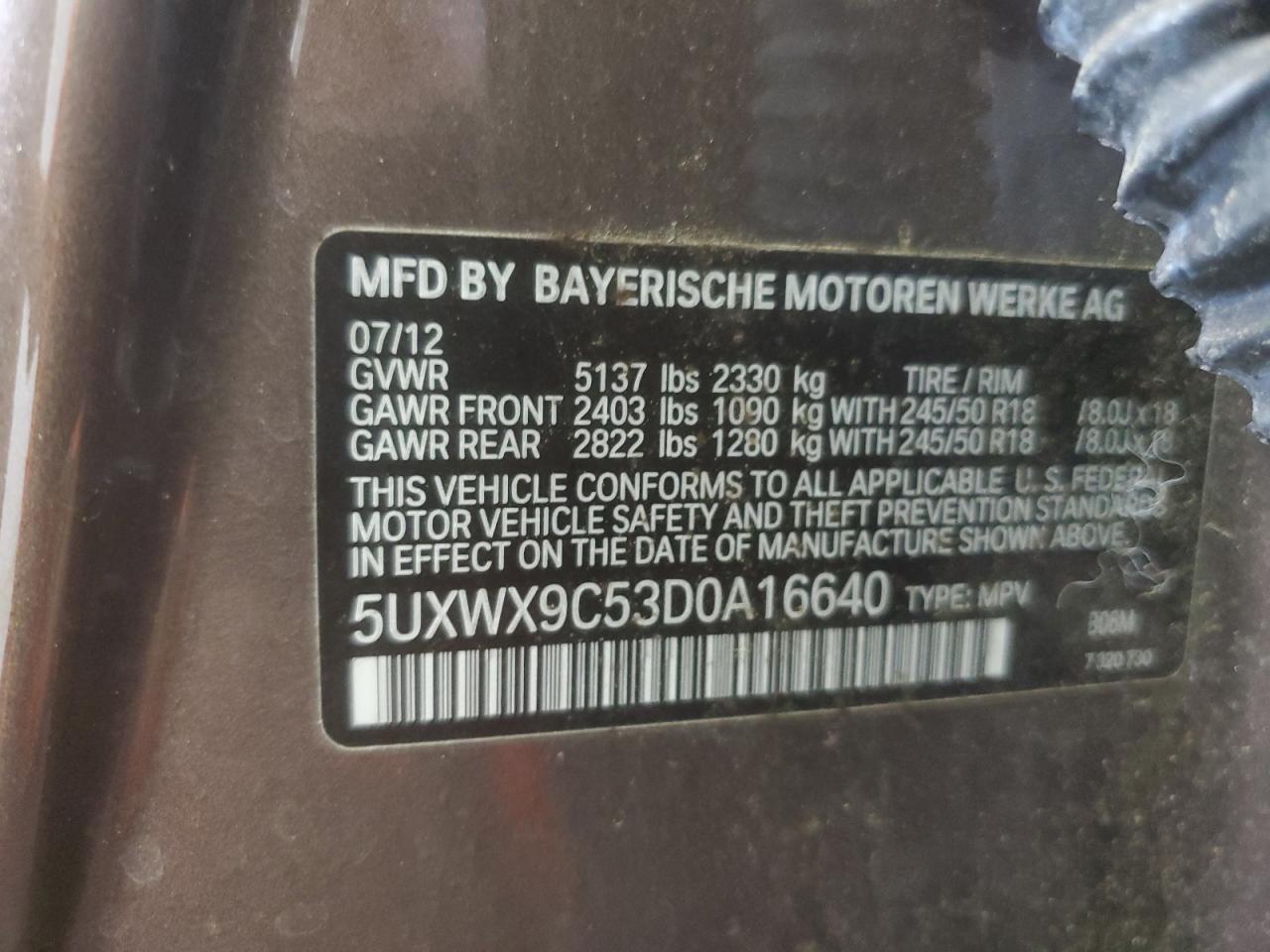2013 BMW X3 xDrive28I VIN: 5UXWX9C53D0A16640 Lot: 63859635