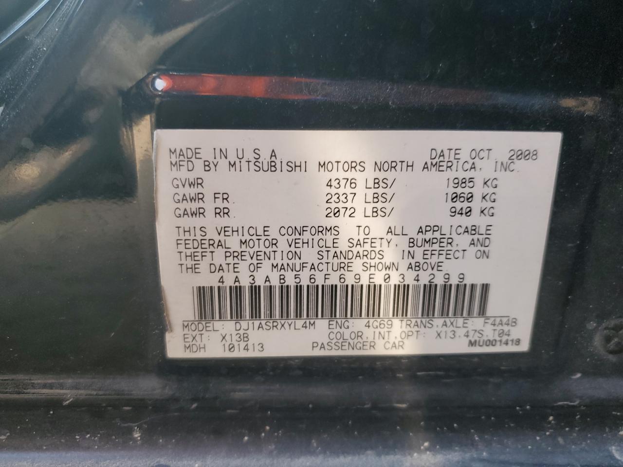 2009 Mitsubishi Galant Es VIN: 4A3AB56F69E034299 Lot: 63074875
