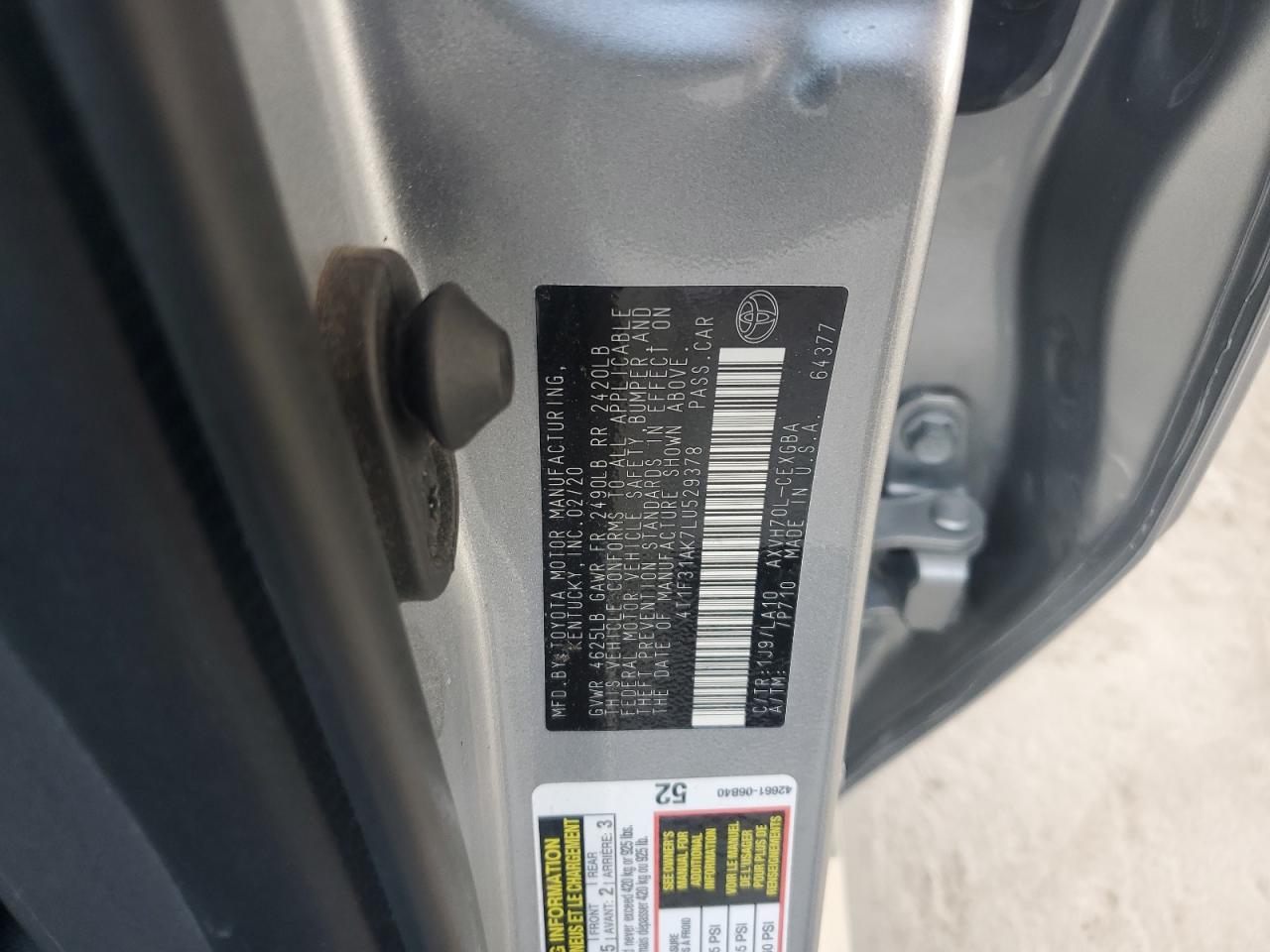 2020 Toyota Camry Xle VIN: 4T1F31AK7LU529378 Lot: 65348345