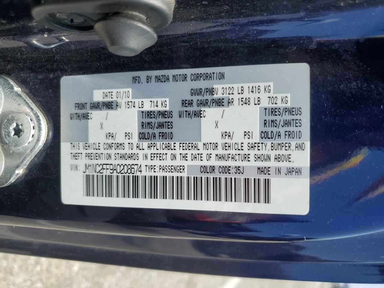 2010 Mazda Mx-5 Miata VIN: JM1NC2FF9A0208674 Lot: 63429065