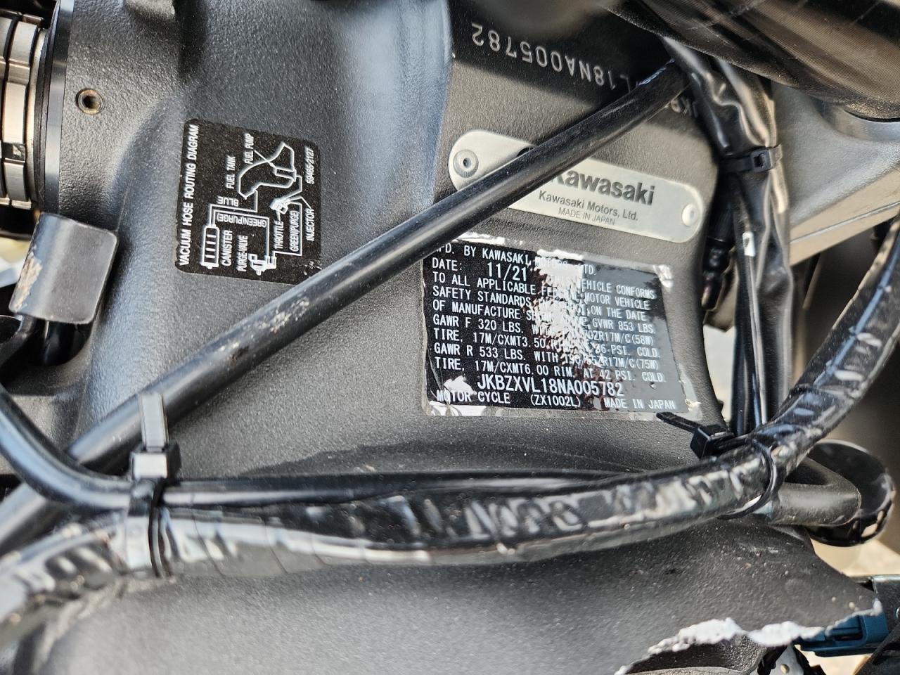 jkbzxvl18na005782 JKBZXVL18NA005782 2022 Kawasaki Zx1002 L