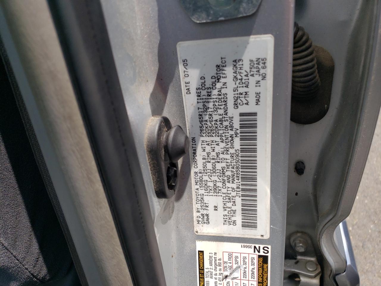 2005 Toyota 4Runner Sr5 VIN: JTEBU14R858050905 Lot: 63395985