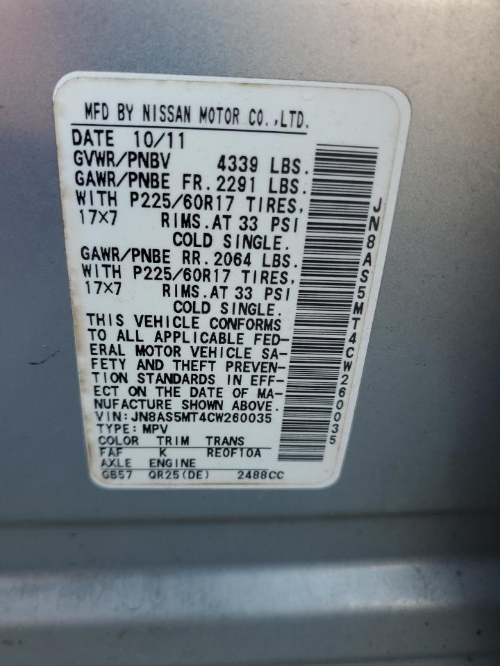 2012 Nissan Rogue S VIN: JN8AS5MT4CW260035 Lot: 64702925