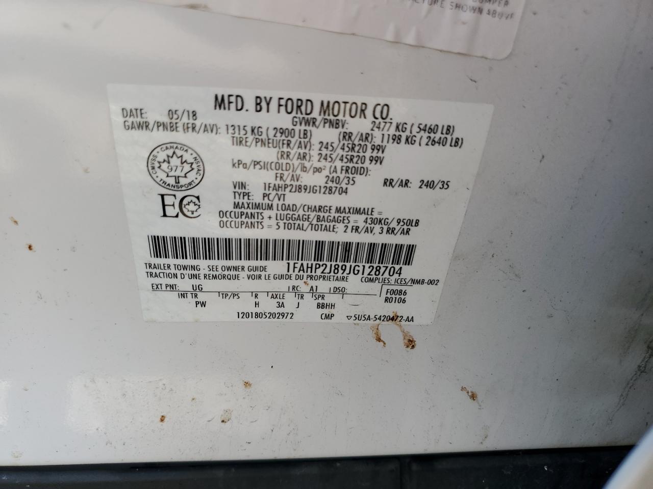 2018 Ford Taurus Limited VIN: 1FAHP2J89JG128704 Lot: 64303295