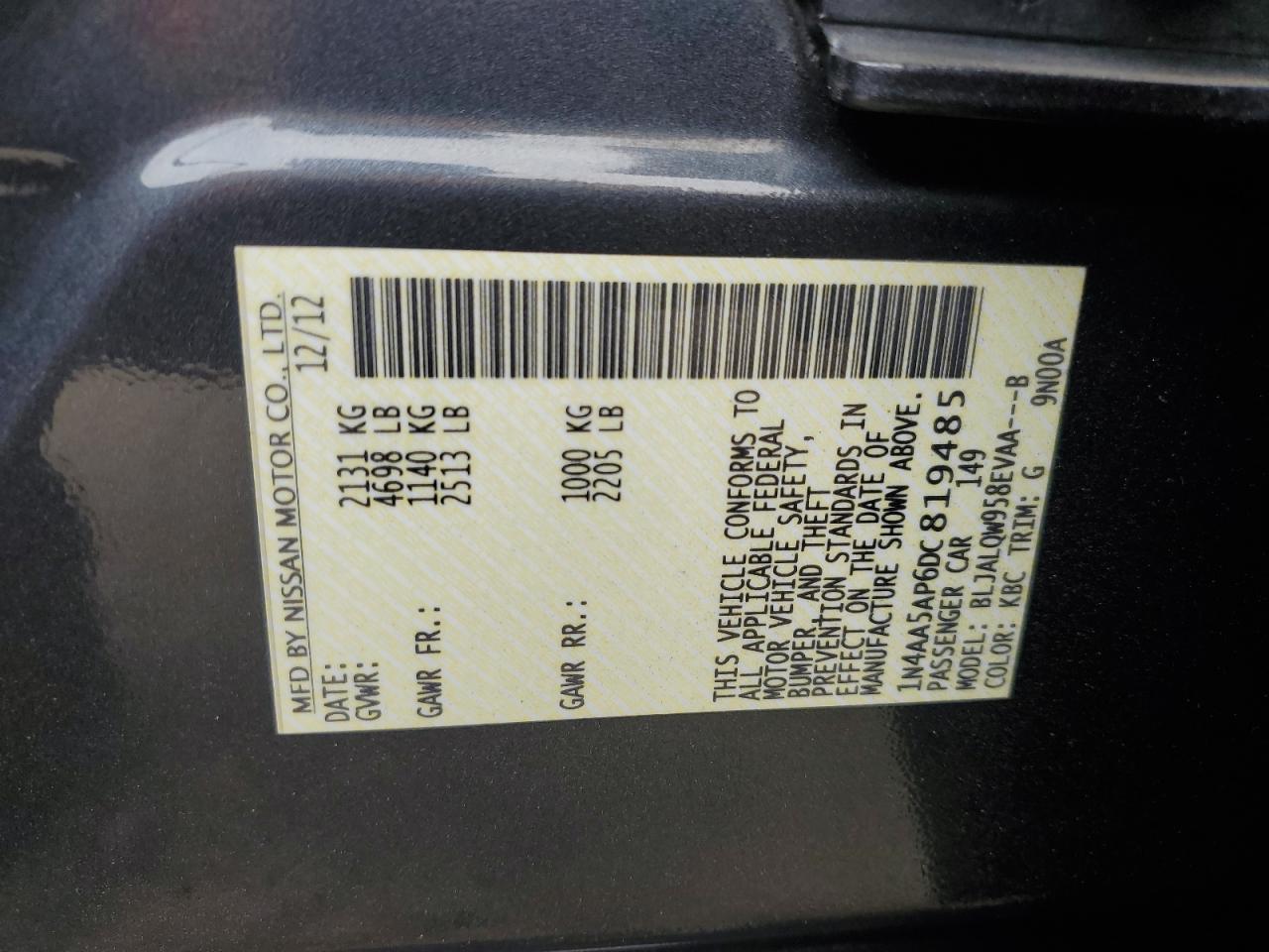 2013 Nissan Maxima S VIN: 1N4AA5AP6DC819485 Lot: 65084865