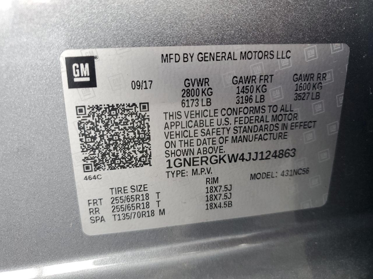 2018 Chevrolet Traverse Lt VIN: 1GNERGKW4JJ124863 Lot: 64735415