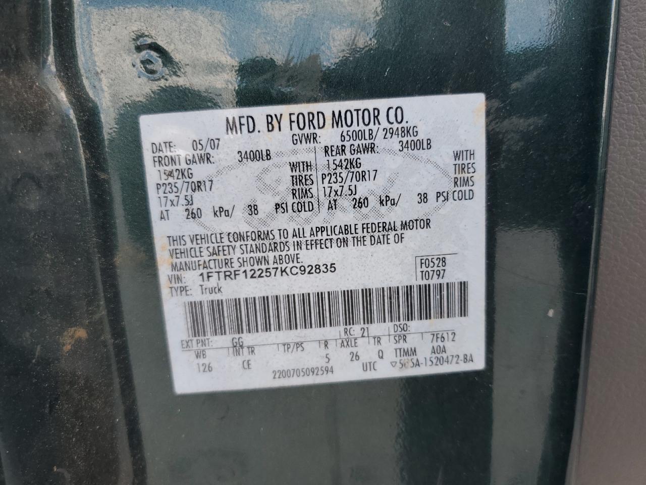2007 Ford F150 VIN: 1FTRF12257KC92835 Lot: 65261445