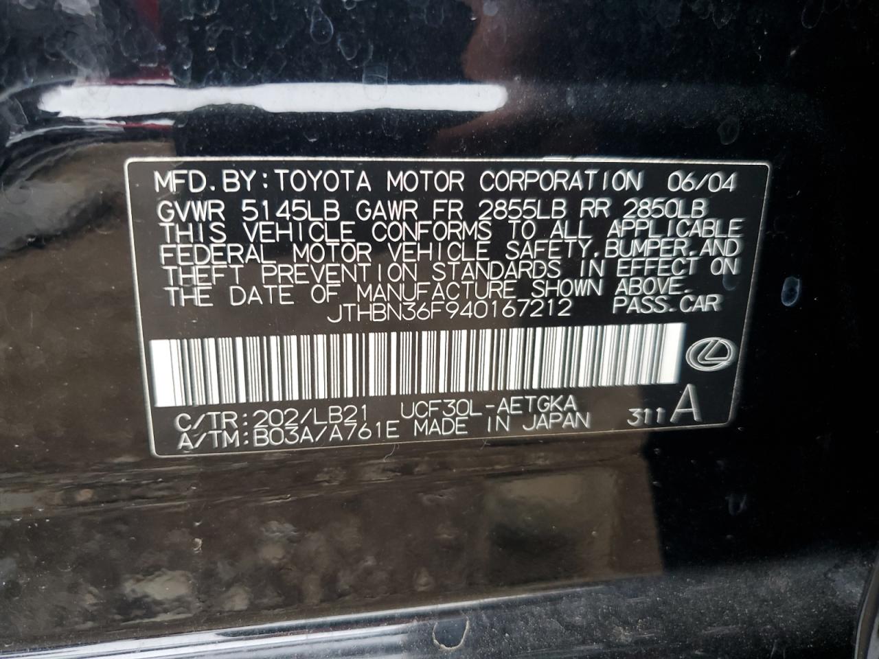 2004 Lexus Ls 430 VIN: JTHBN36F940167212 Lot: 65347475