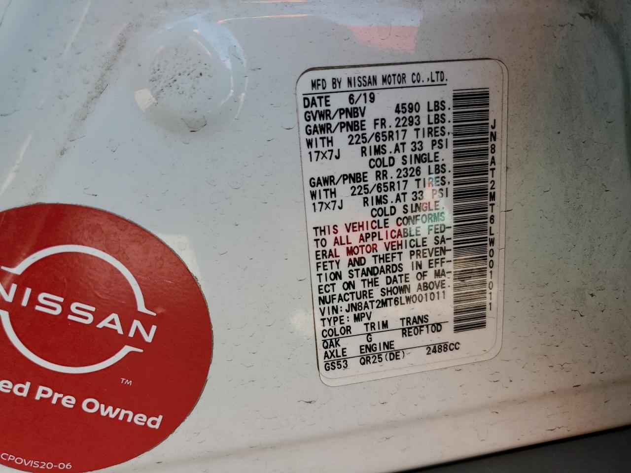 2020 Nissan Rogue S VIN: JN8AT2MT6LW001011 Lot: 64889615