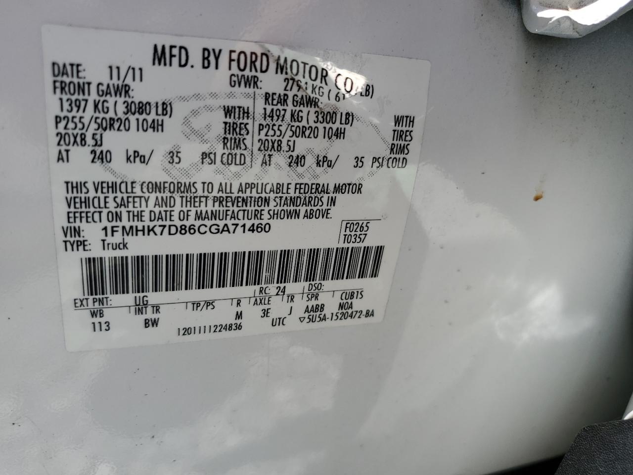 2012 Ford Explorer Xlt VIN: 1FMHK7D86CGA71460 Lot: 64736815