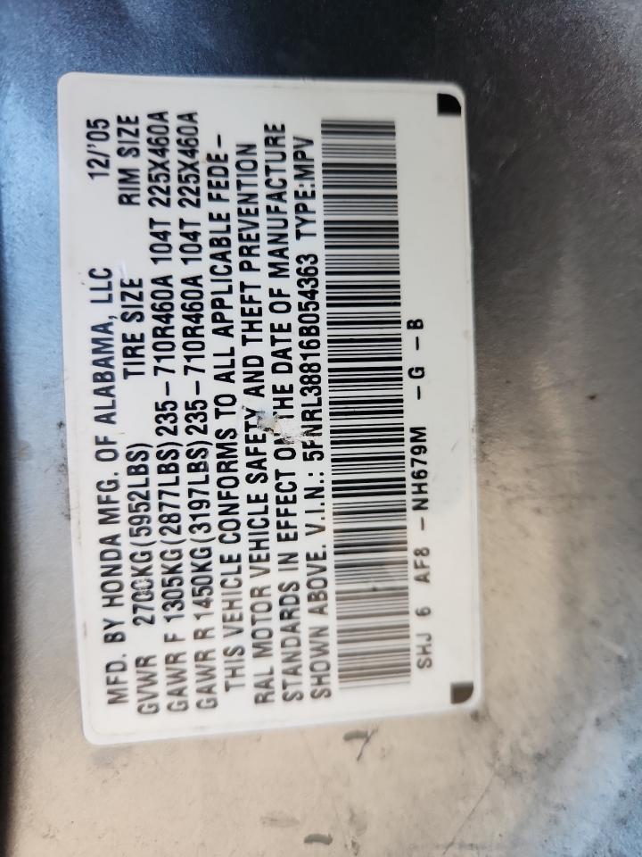 2006 Honda Odyssey Touring VIN: 5FNRL38816B054363 Lot: 64396805