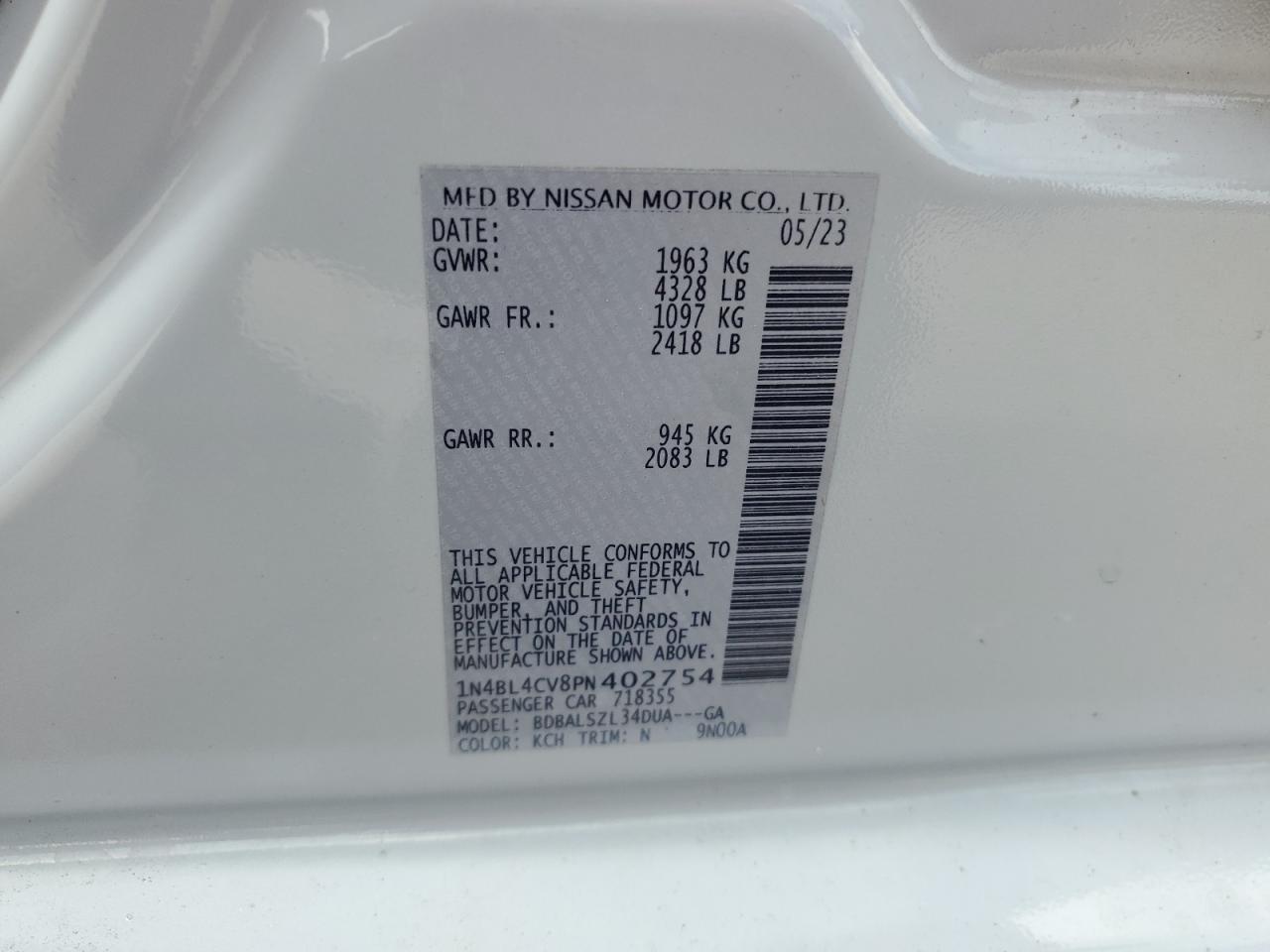 2023 Nissan Altima Sr VIN: 1N4BL4CV8PN402754 Lot: 65406935
