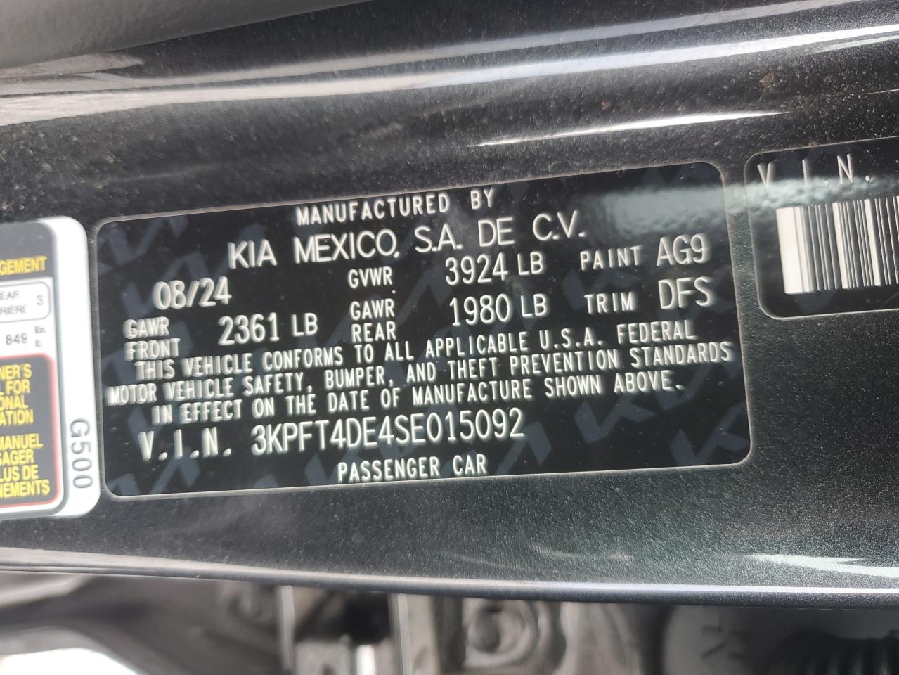 2025 Kia K4 Lx VIN: 3KPFT4DE4SE015092 Lot: 65060285