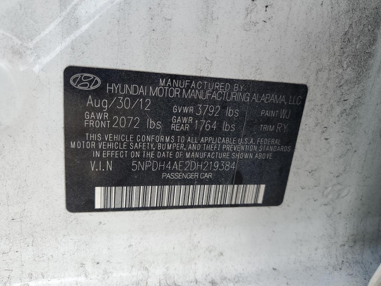 2013 Hyundai Elantra Gls VIN: 5NPDH4AE2DH219384 Lot: 64769245