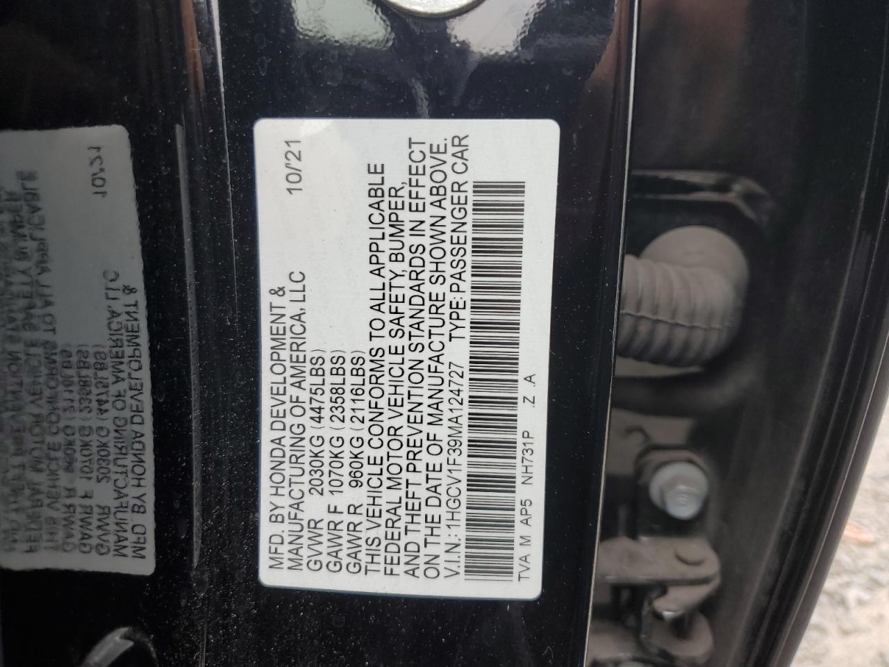 2021 Honda Accord Sport VIN: 1HGCV1F39MA124727 Lot: 64823005