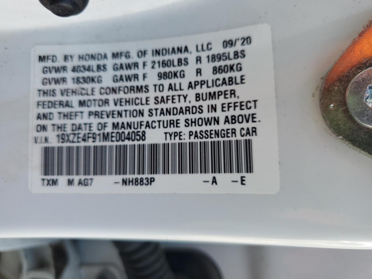 2021 Honda Insight Touring VIN: 19XZE4F91ME004058 Lot: 64668795