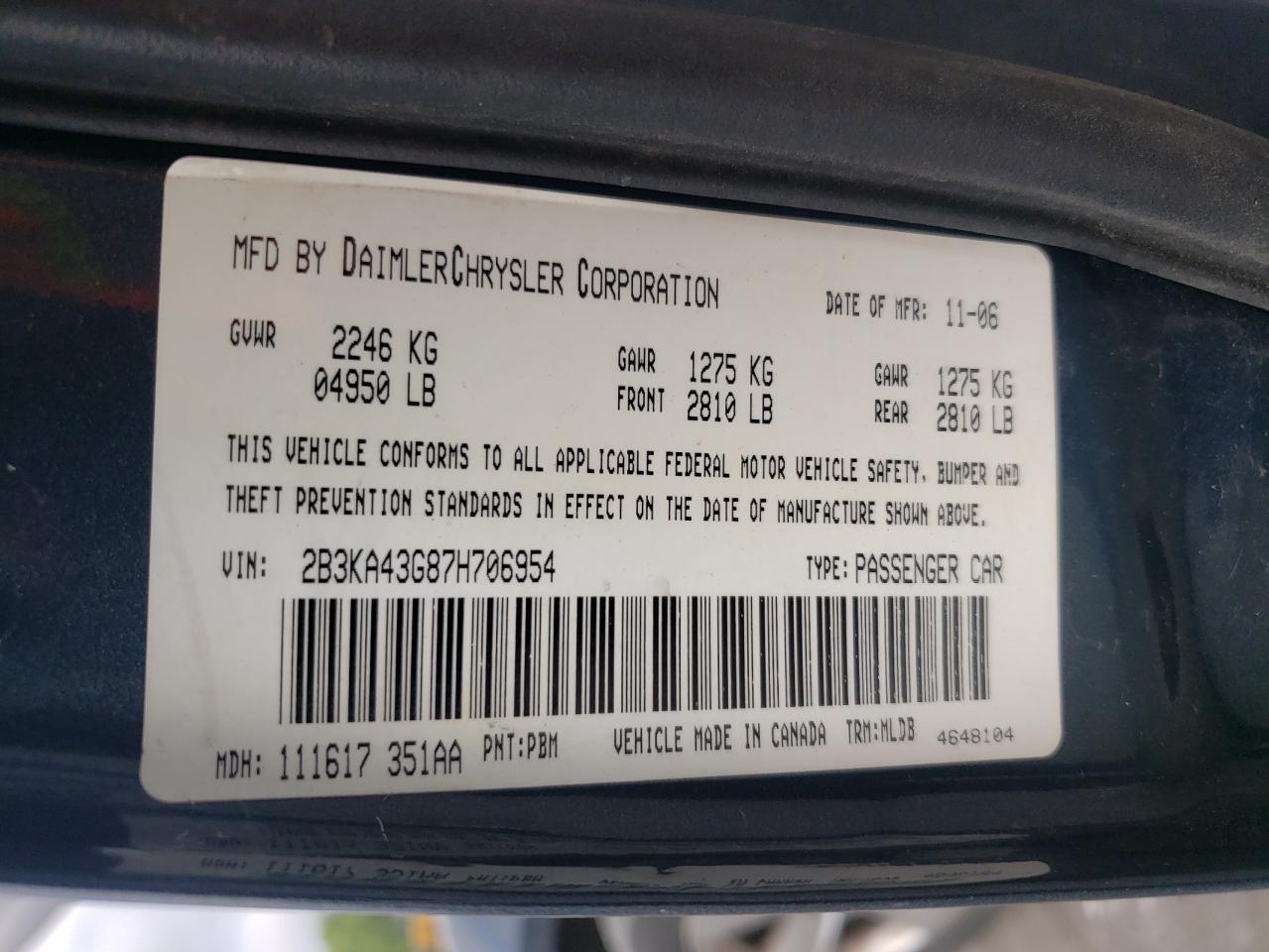 2007 Dodge Charger Se VIN: 2B3KA43G87H706954 Lot: 63412745