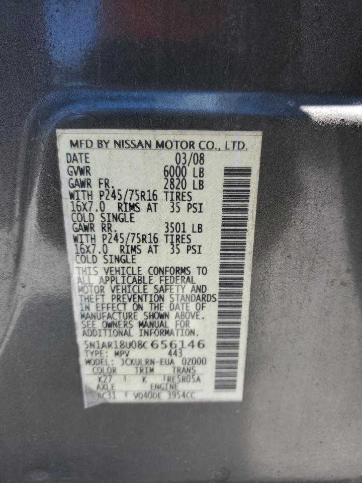 2008 Nissan Pathfinder S VIN: 5N1AR18U08C656146 Lot: 63499245