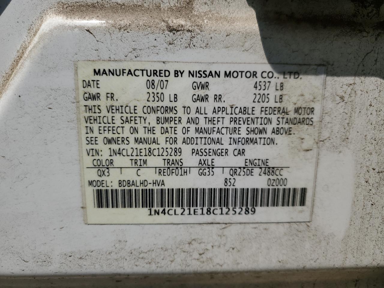 2008 Nissan Altima Hybrid VIN: 1N4CL21E18C125289 Lot: 64591235