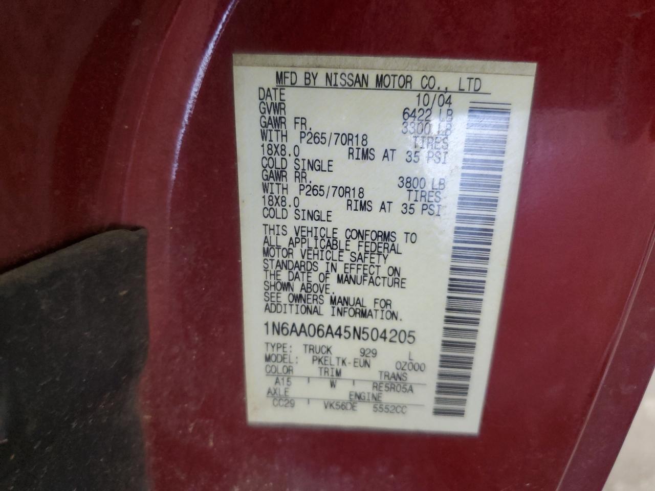 2005 Nissan Titan Xe VIN: 1N6AA06A45N504205 Lot: 65442695
