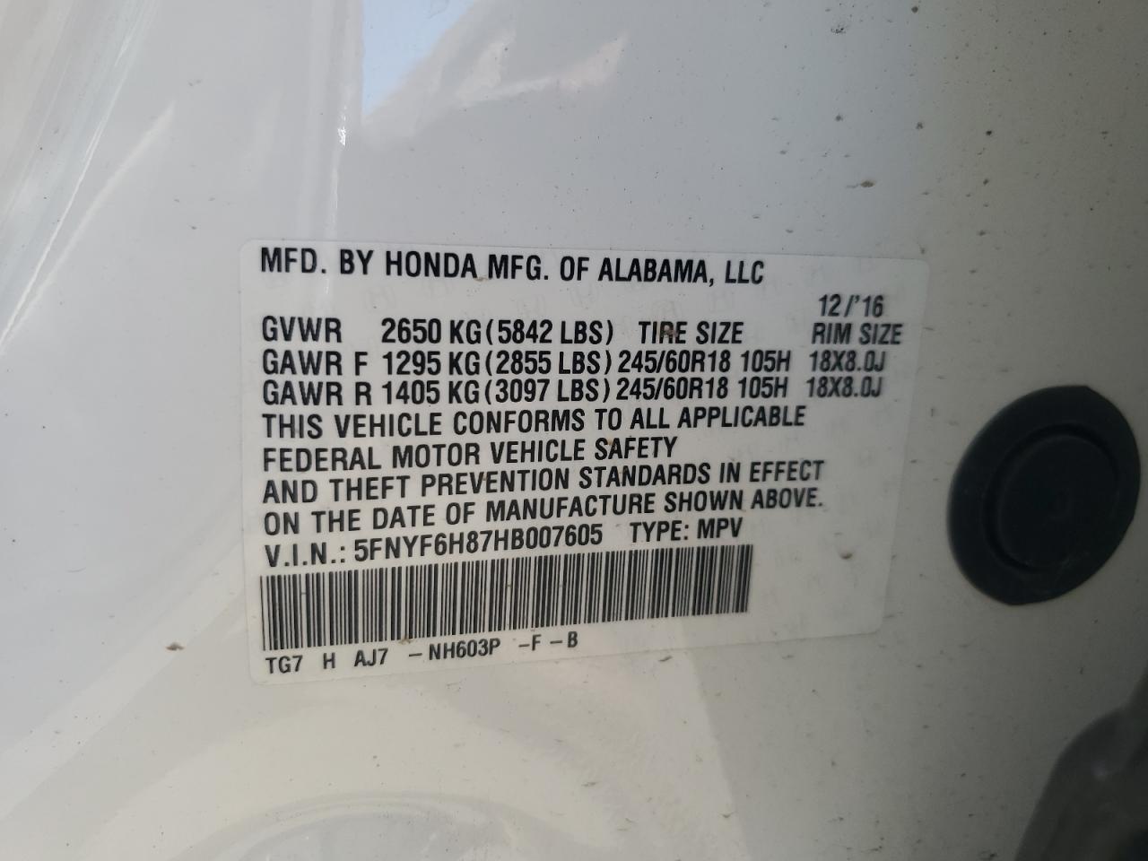 2017 Honda Pilot Exl VIN: 5FNYF6H87HB007605 Lot: 64410335