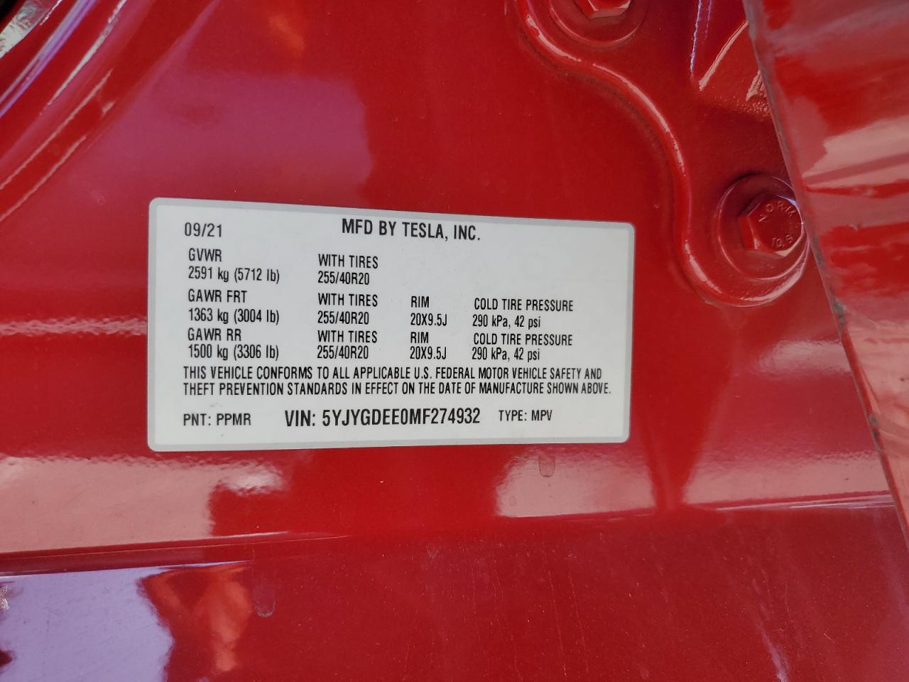 2021 Tesla Model Y VIN: 5YJYGDEE0MF274932 Lot: 64236185