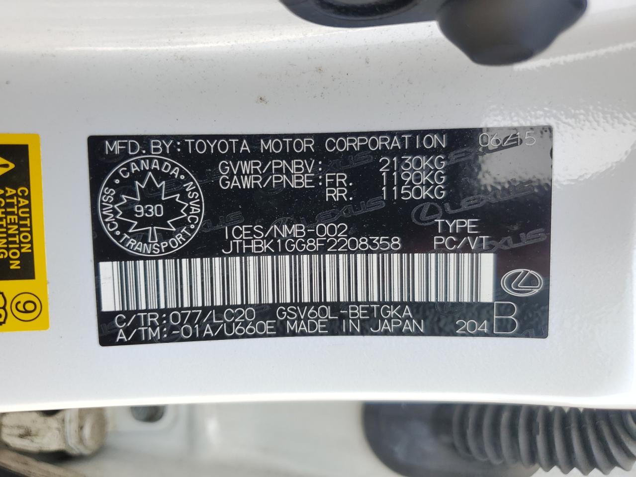 2015 Lexus Es 350 VIN: JTHBK1GG8F2208358 Lot: 63061205