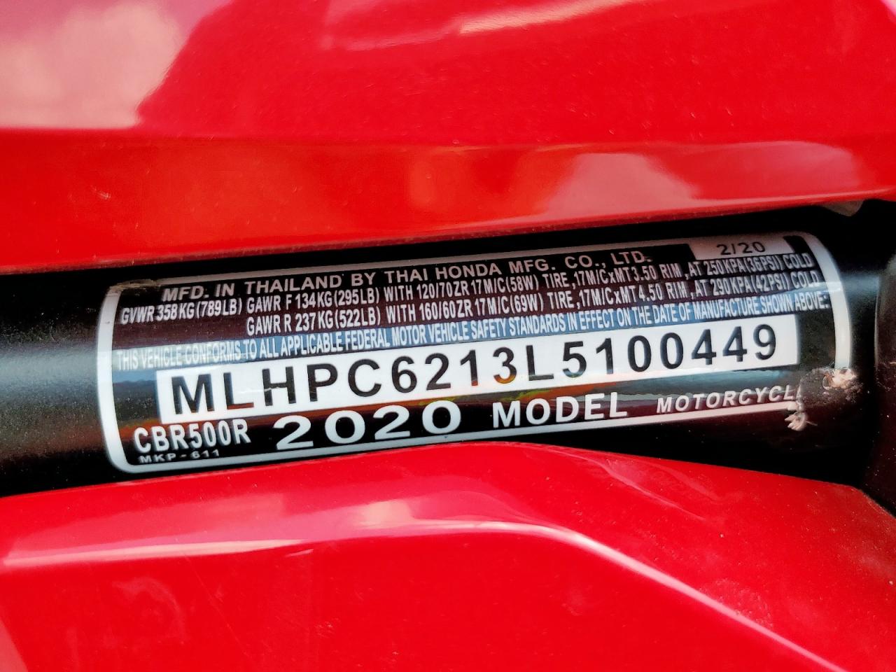 2020 Honda Cbr500 R VIN: MLHPC6213L5100449 Lot: 64104565