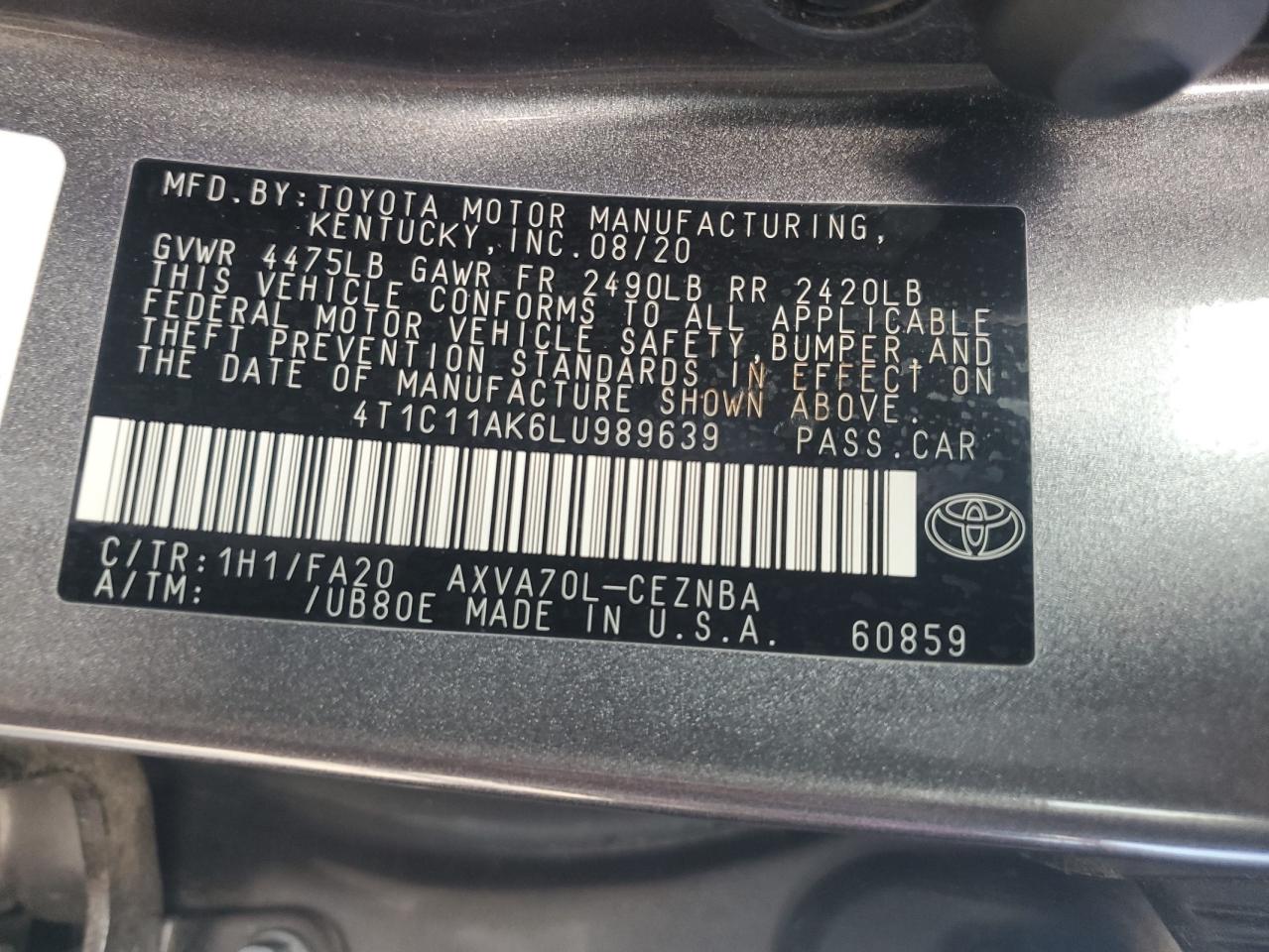 2020 Toyota Camry Le VIN: 4T1C11AK6LU989639 Lot: 64824095