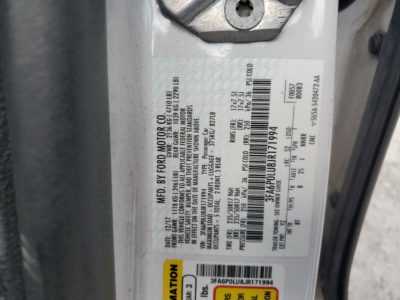 2018 Ford Fusion Se Hybrid VIN: 3FA6P0LU8JR171994 Lot: 55084365