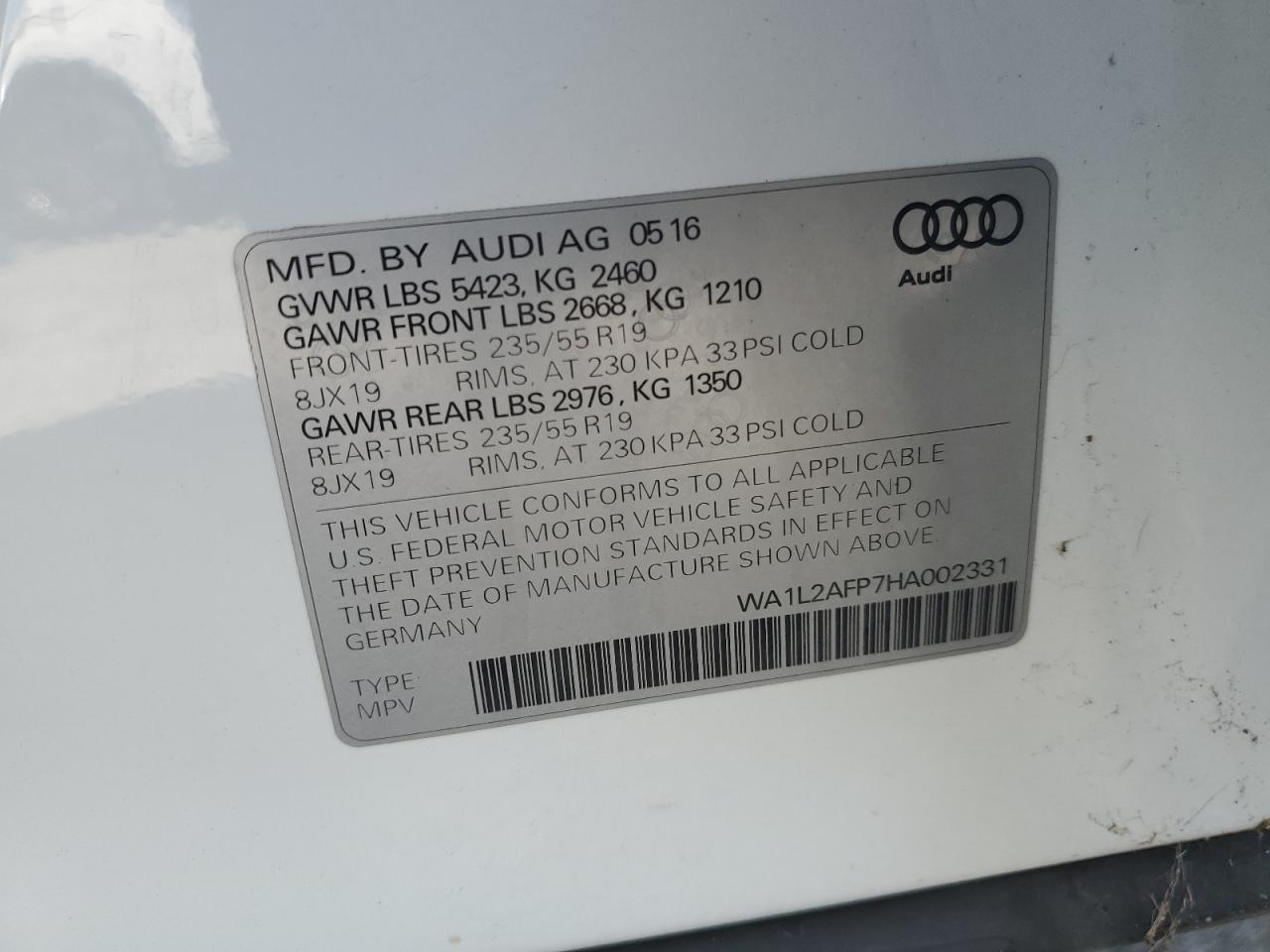 2017 Audi Q5 Premium Plus VIN: WA1L2AFP7HA002331 Lot: 65294115