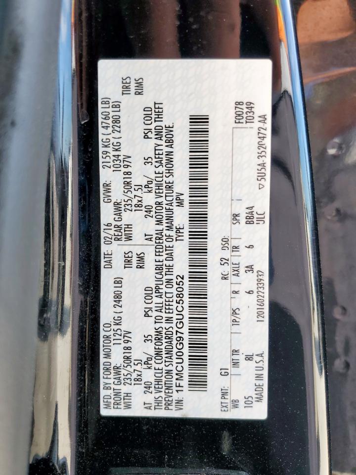 2016 Ford Escape Se VIN: 1FMCU0G97GUC58052 Lot: 64636015