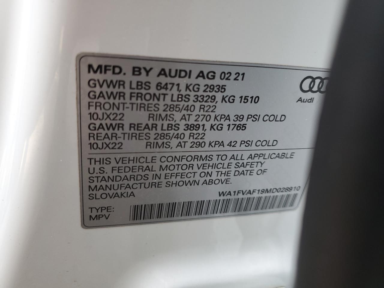 2021 Audi Q8 Prestige S-Line VIN: WA1FVAF19MD028910 Lot: 64091925