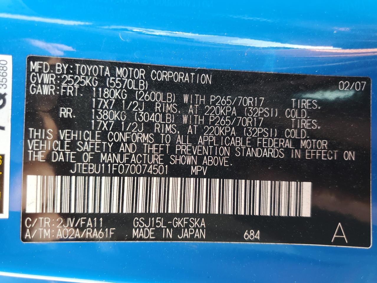 2007 Toyota Fj Cruiser VIN: JTEBU11F070074501 Lot: 64273025