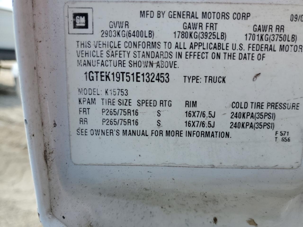 2001 GMC New Sierra K1500 VIN: 1GTEK19T51E132453 Lot: 63321595