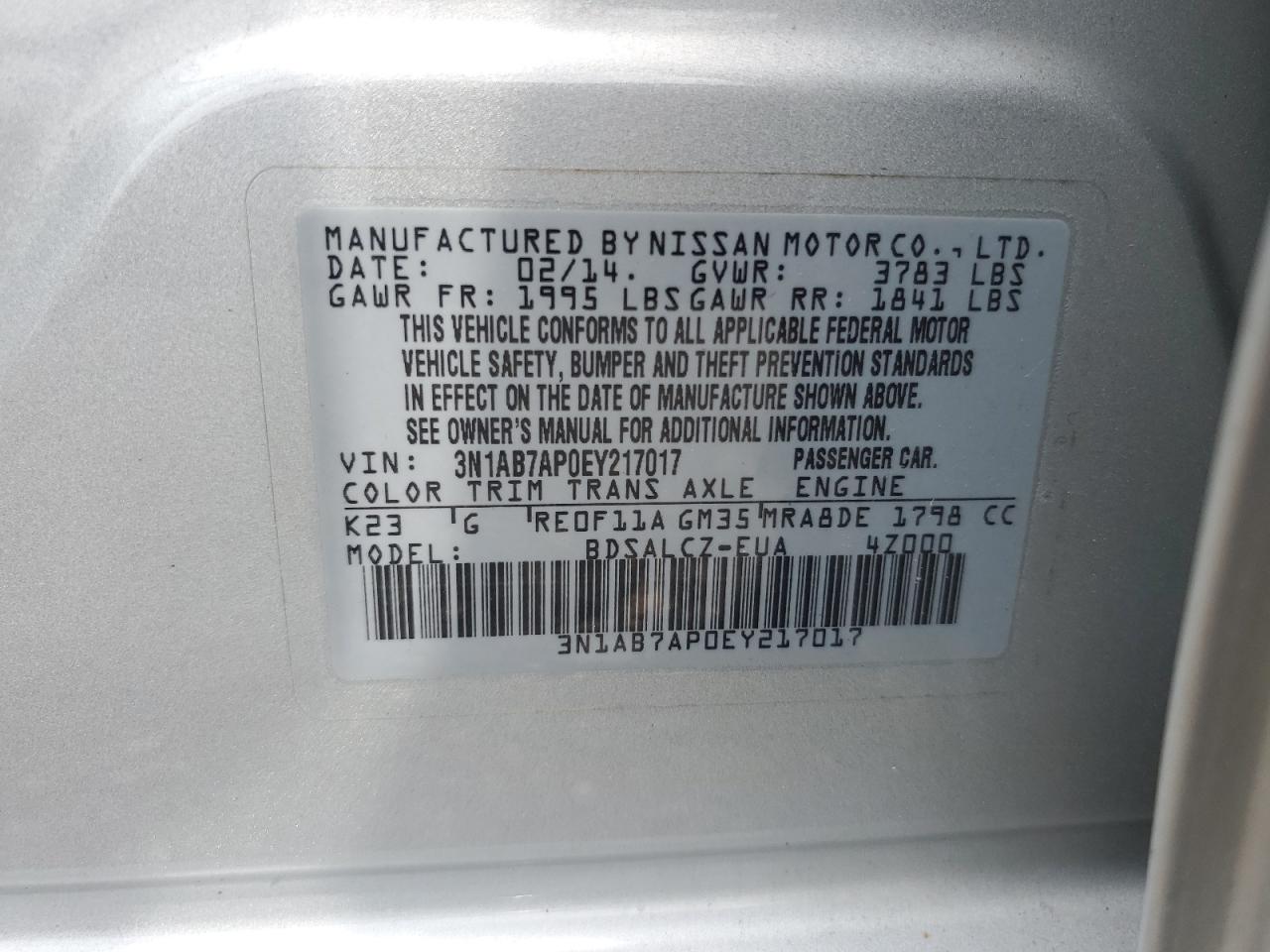 2014 Nissan Sentra S VIN: 3N1AB7AP0EY217017 Lot: 64737335
