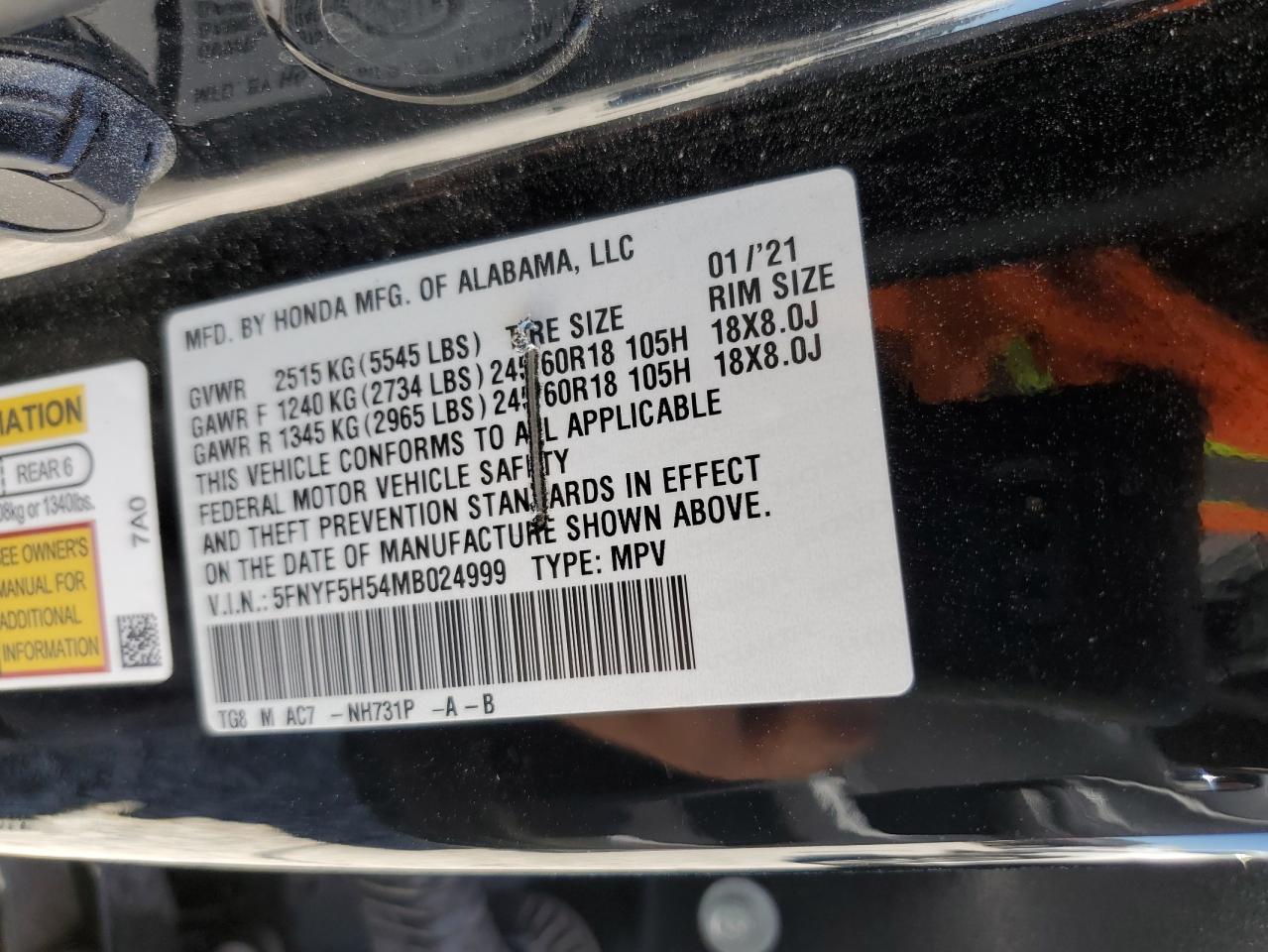 2021 Honda Pilot Exl VIN: 5FNYF5H54MB024999 Lot: 64317675