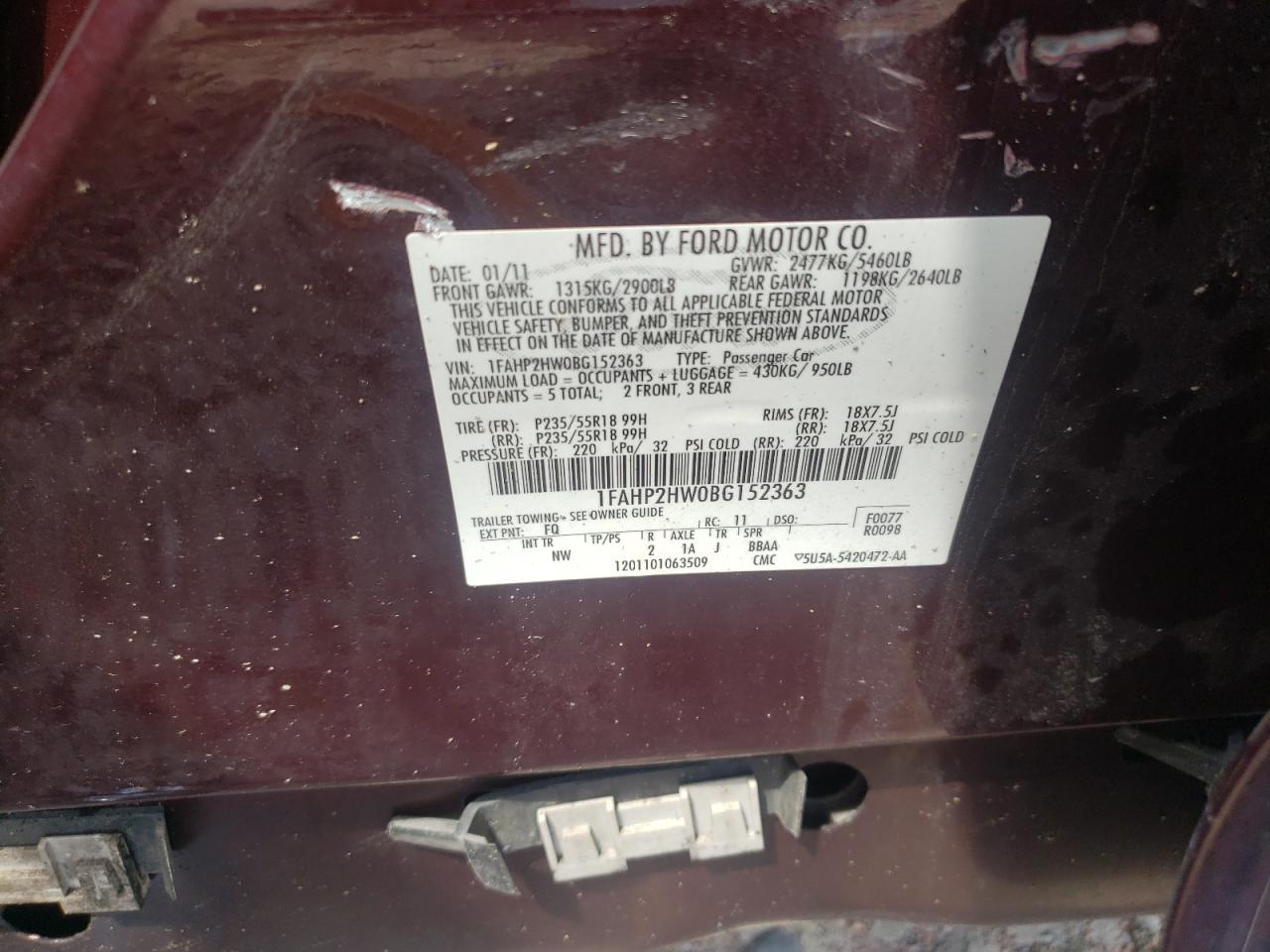 2011 Ford Taurus Sel VIN: 1FAHP2HW0BG152363 Lot: 66655195