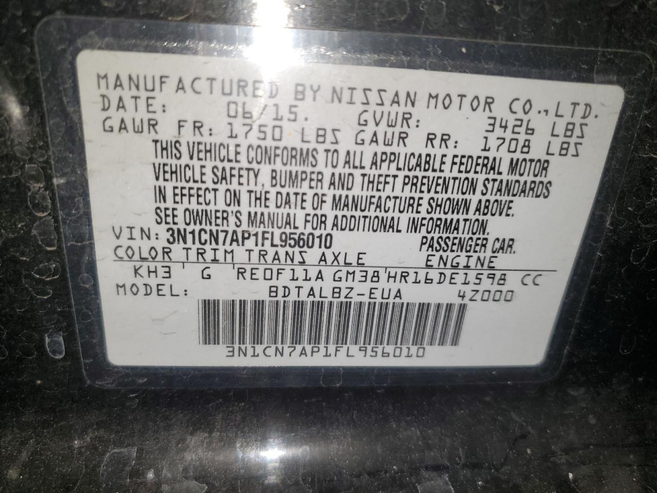 2015 Nissan Versa S VIN: 3N1CN7AP1FL795601 Lot: 63535005