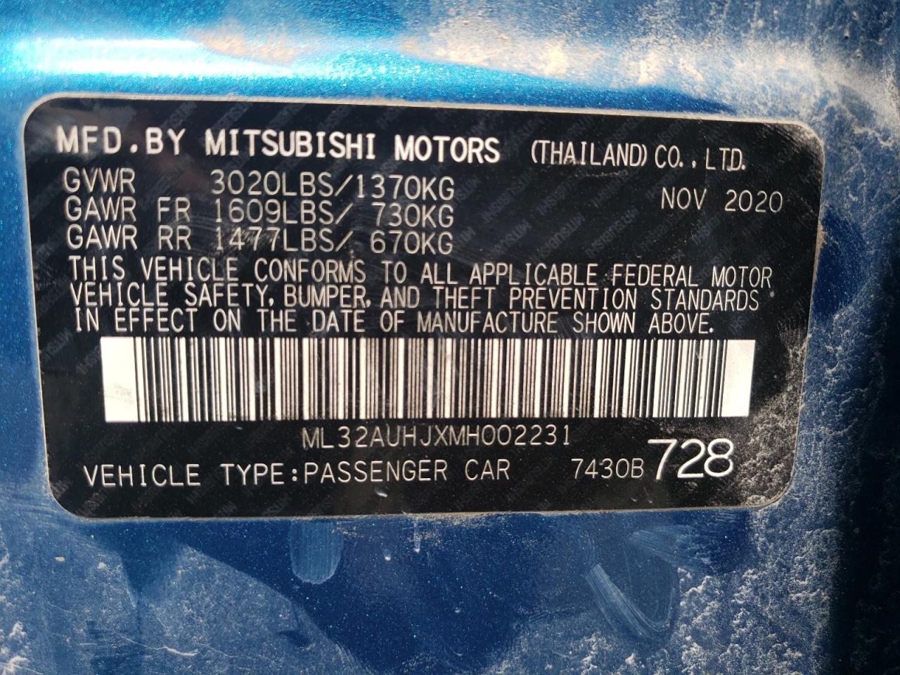 2021 Mitsubishi Mirage Es VIN: ML32AUHJXMH002231 Lot: 63162005
