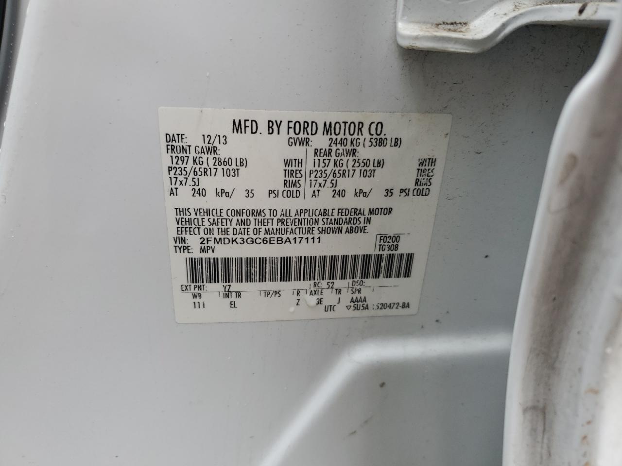 2014 Ford Edge Se VIN: 2FMDK3GC6EBA17111 Lot: 66119605