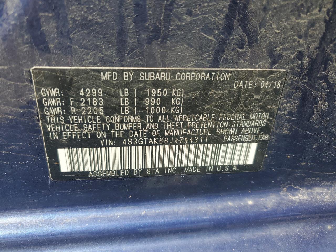 2018 Subaru Impreza Sport VIN: 4S3GTAK68J1744311 Lot: 65440415