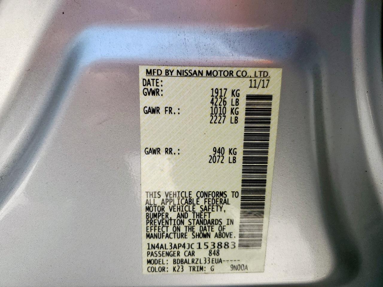 2018 Nissan Altima 2.5 VIN: 1N4AL3AP4JC153883 Lot: 65387045