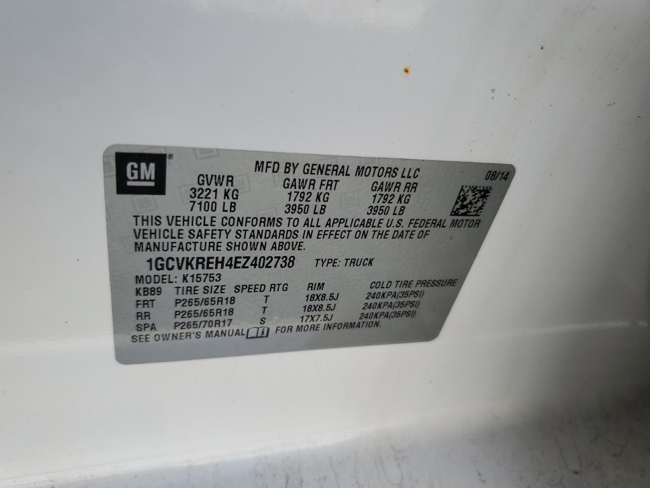 2014 Chevrolet Silverado K1500 Lt VIN: 1GCVKREH4EZ402738 Lot: 62179695