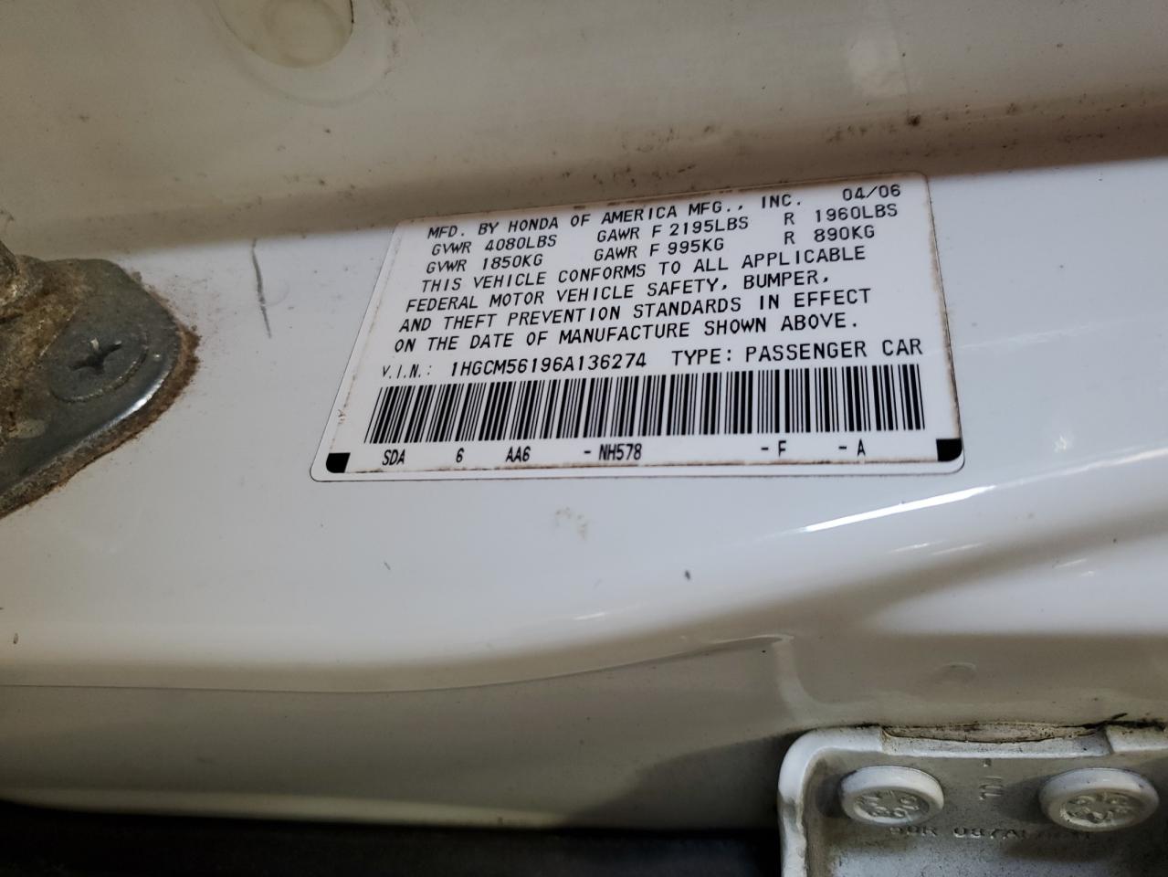 2006 Honda Accord Value VIN: 1HGCM56196A136274 Lot: 66009415