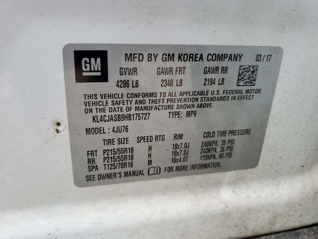 2017 Buick Encore Preferred VIN: KL4CJASB9HB175727 Lot: 64052215