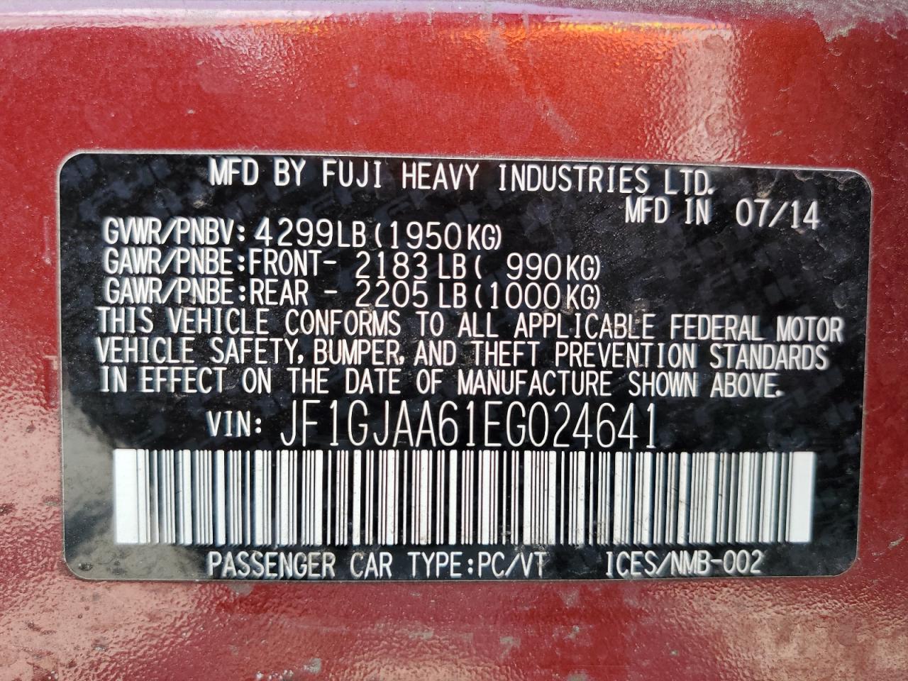 2014 Subaru Impreza VIN: JF1GJAA61EG024641 Lot: 65252645
