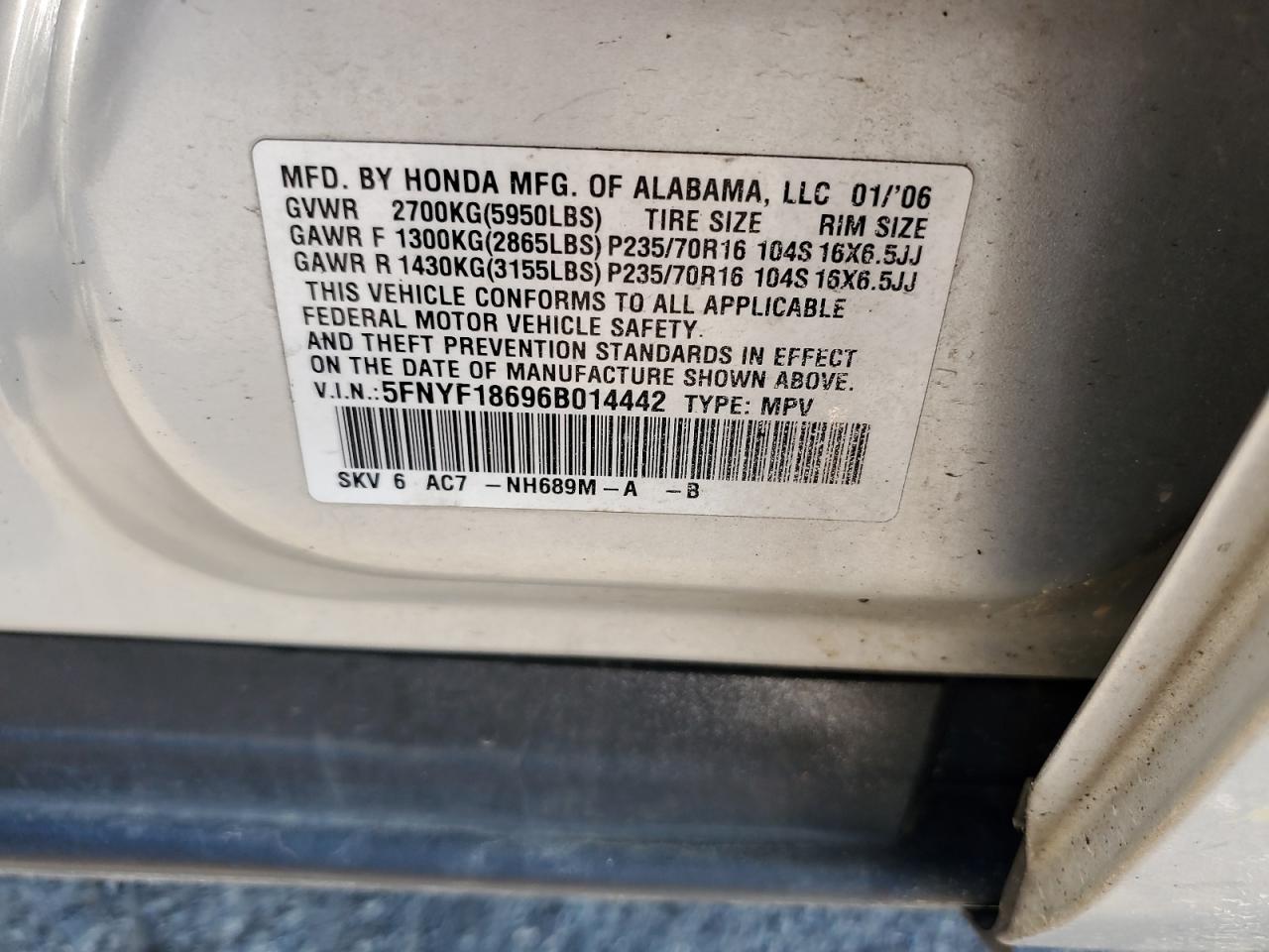 2006 Honda Pilot Ex VIN: 5FNYF18696B014442 Lot: 66382575